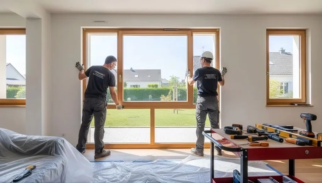 Renovatie-expert inspecteert een oud houten kozijn voor het plaatsen van nieuw glas