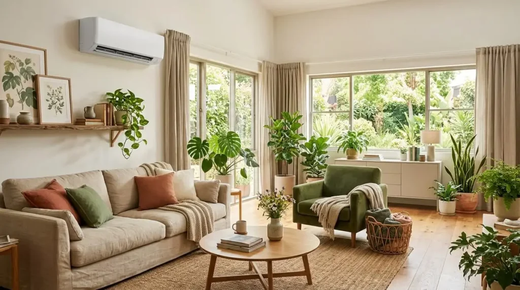 A bright, modern Dutch living room with clean aesthetic, showing an abstract subtle graphic of fresh airflow, architectural interior photography, highly detailed --ar 16:9